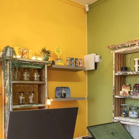 Counter against green wall